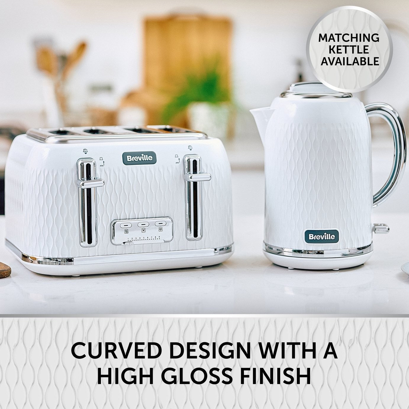 Breville VTT911 Curve 4 Slice Wide Slot High Lift Toaster - White & Chrome.