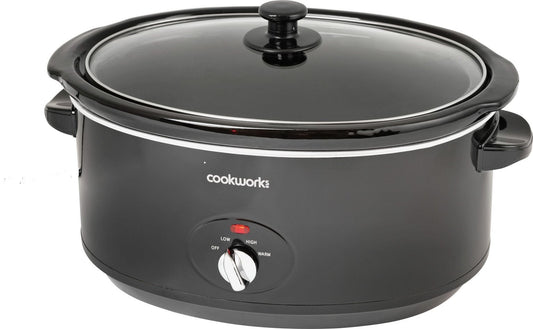 Cookworks 6.5L Slow Cooker Black 320W 3 Heat Settings Glass Lid Ceramic Bowl