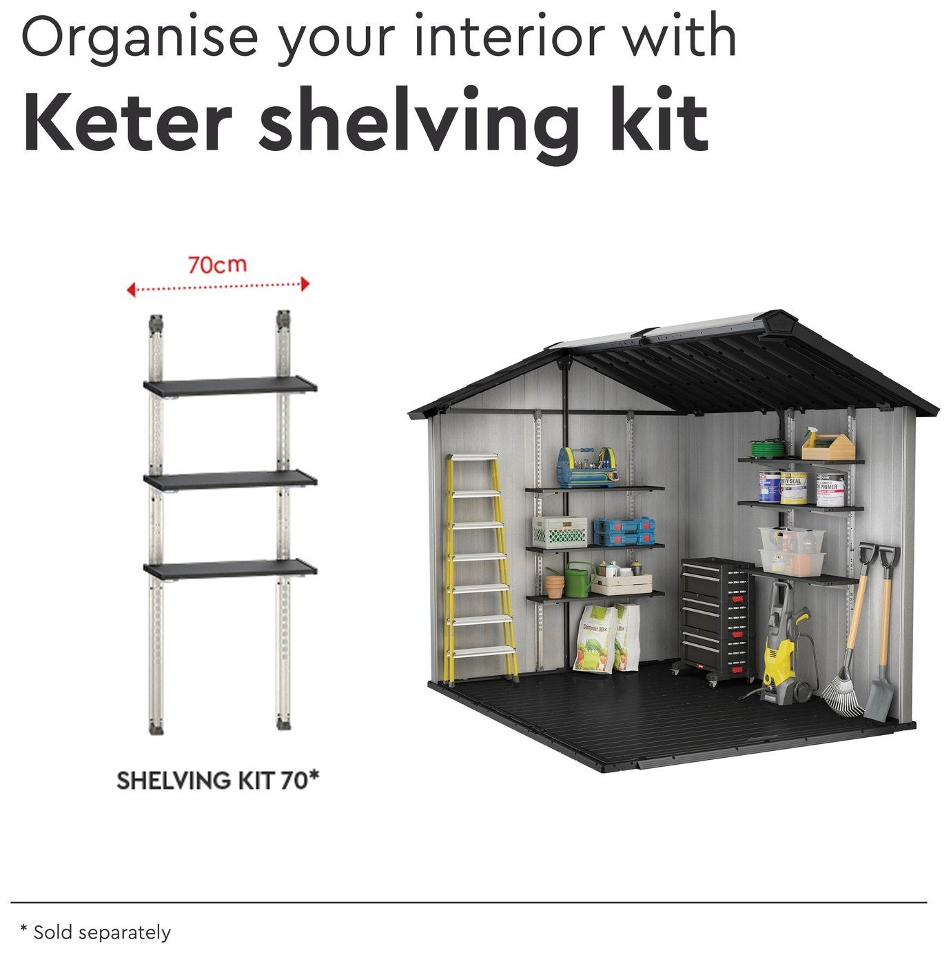 Keter Shed Adjustable Shelving Kit | 3 Shelves | 70cm | Steel Brackets