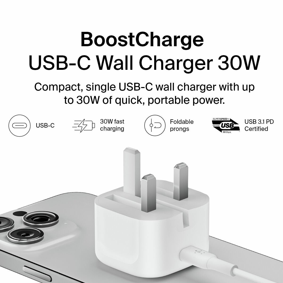 Belkin USB-C Wall Charger 30W | Fast Charging | Compact Travel Design | White