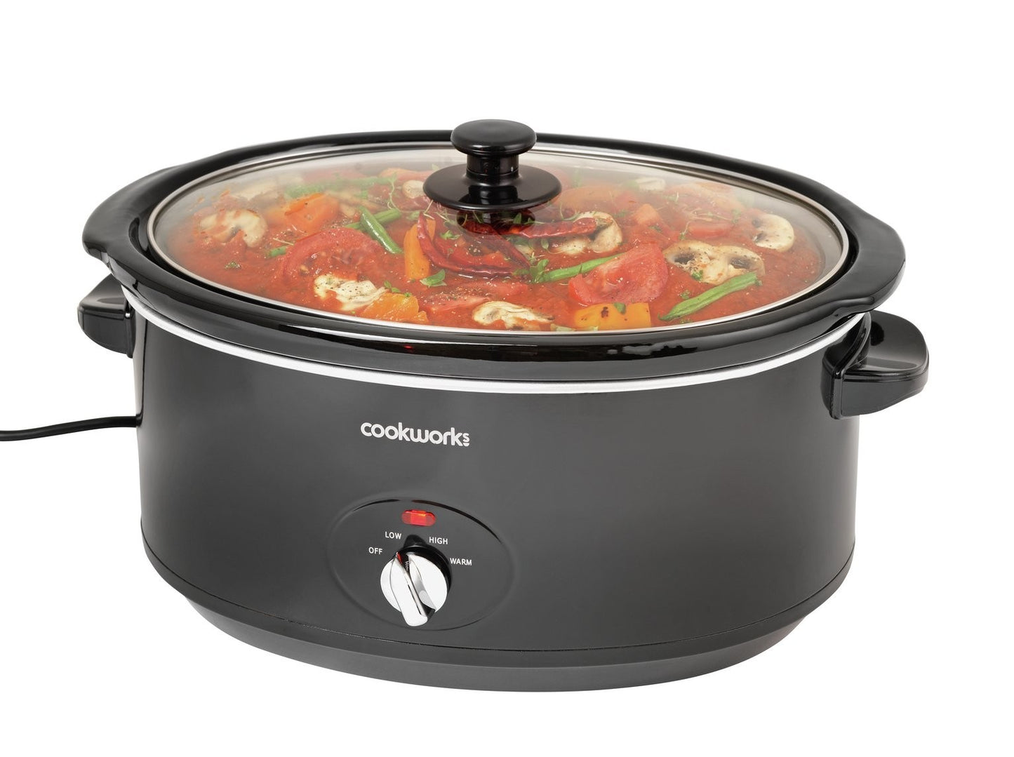 Cookworks 6.5L Slow Cooker Black 320W 3 Heat Settings Glass Lid Ceramic Bowl