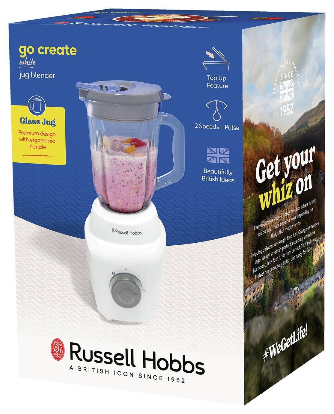 Russell Hobbs Tabletop Blender with 1.5L Glass Jug Go Create 550W White BY DOSKA