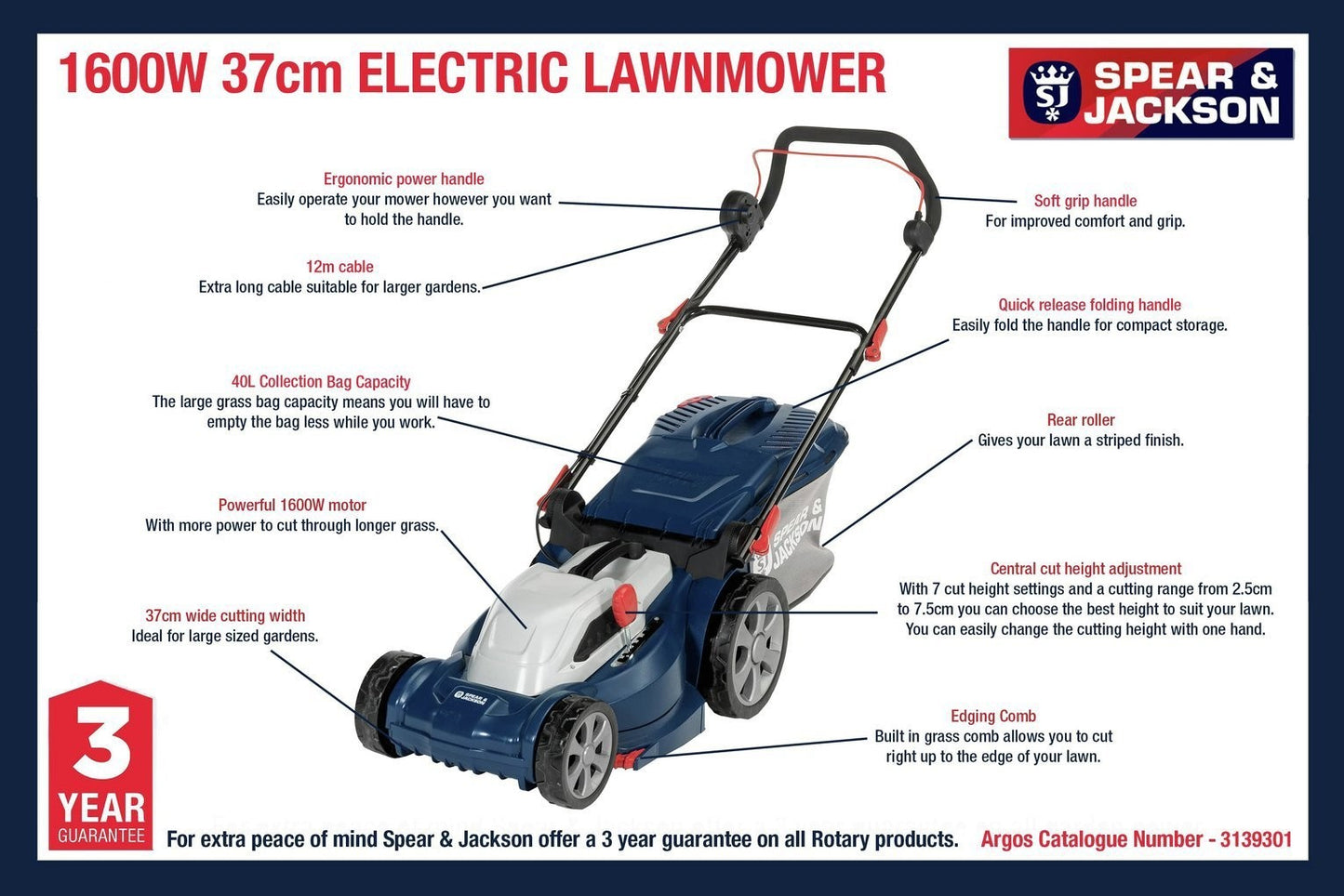 Spear & Jackson 37cm Corded Rotary Lawnmower (1600W)