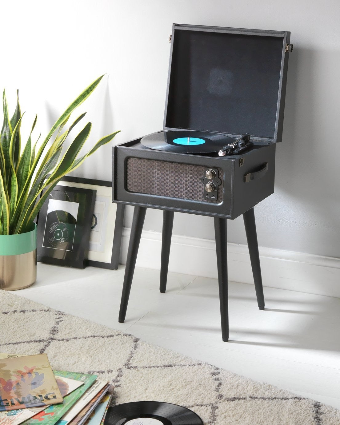 Bush Wooden Bluetooth Turntable Retro Aux Record Player Withs Legs Black 7164138
