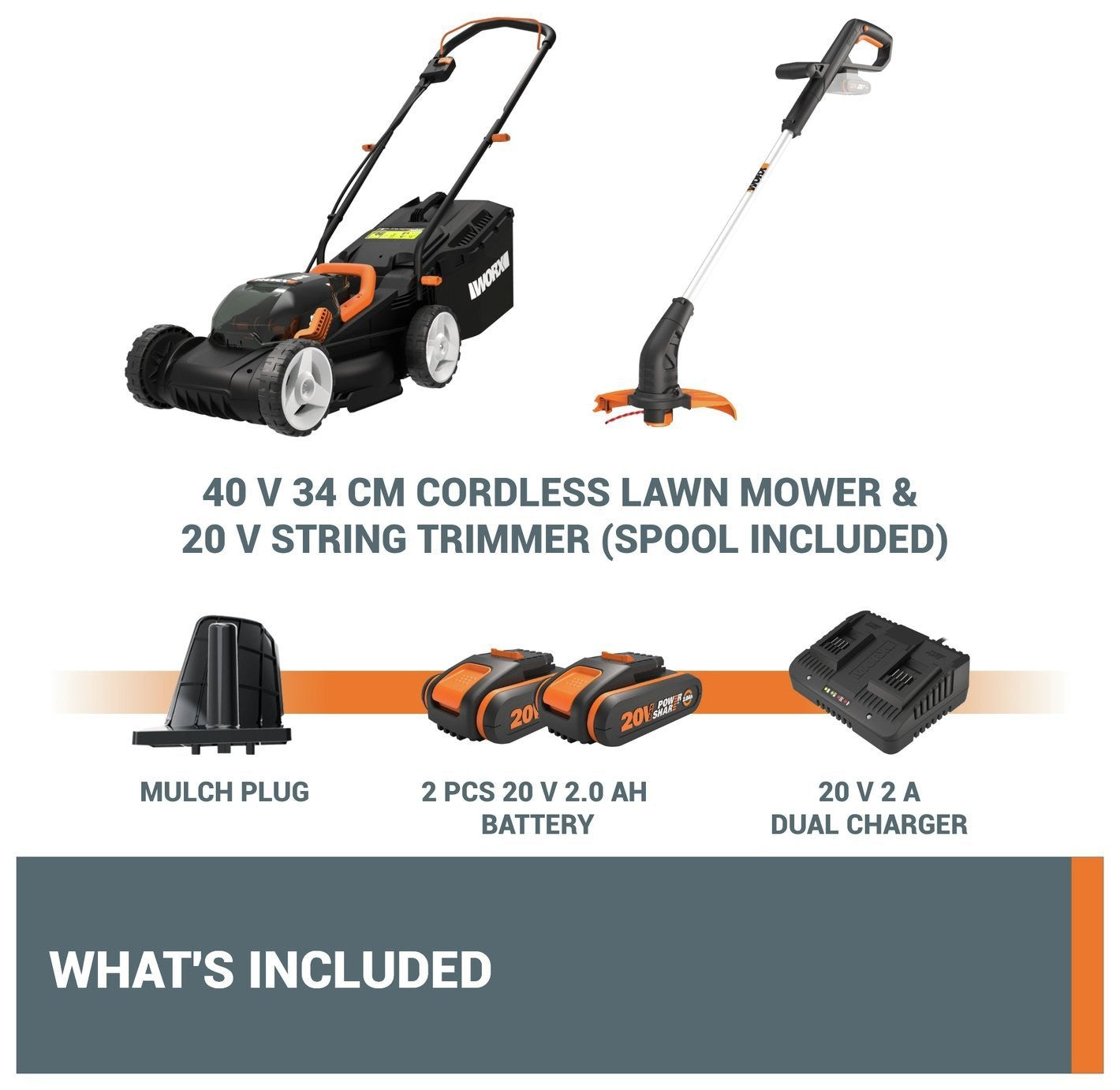 Worx Cordless 34cm Rotary Lawnmower and 25cm Grass Trimmer
