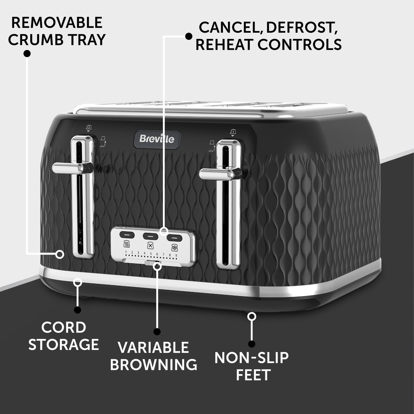 Breville VTT786 Curve 4 Slice Toaster - Black and Chrome