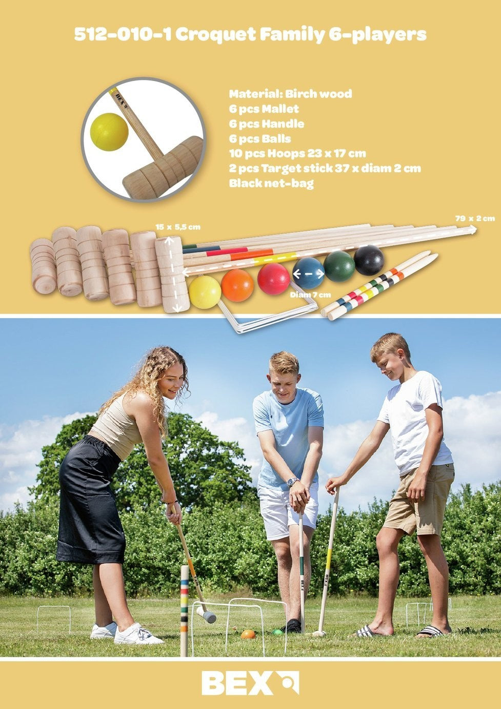 Croquet Set Birch Wood | 6 Mallets 6 Balls 10 Hoops | Family Garden Game