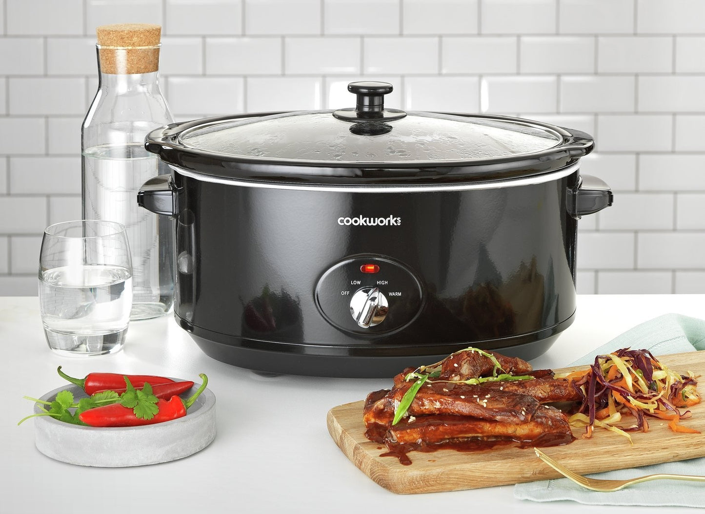 Cookworks 6.5L Slow Cooker Black 320W 3 Heat Settings Glass Lid Ceramic Bowl