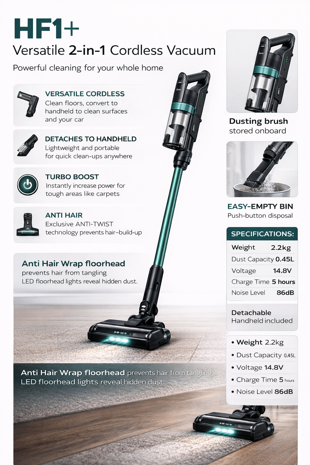 Hoover HF1P10H 14.4v Cordless Vacuum Cleaner HF1+ Anti-Hairwrap Pet
