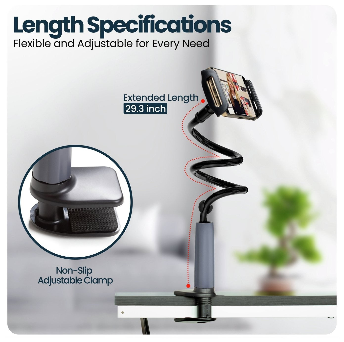 2-in-1 Gooseneck Phone & Tablet Holder – Flexible Arm | Desk / Bed Mount | Cable