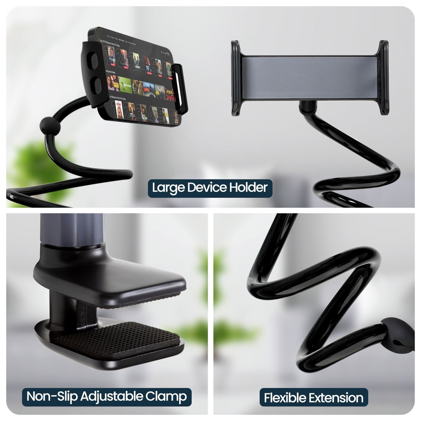 2-in-1 Gooseneck Phone & Tablet Holder – Flexible Arm | Desk / Bed Mount | Cable
