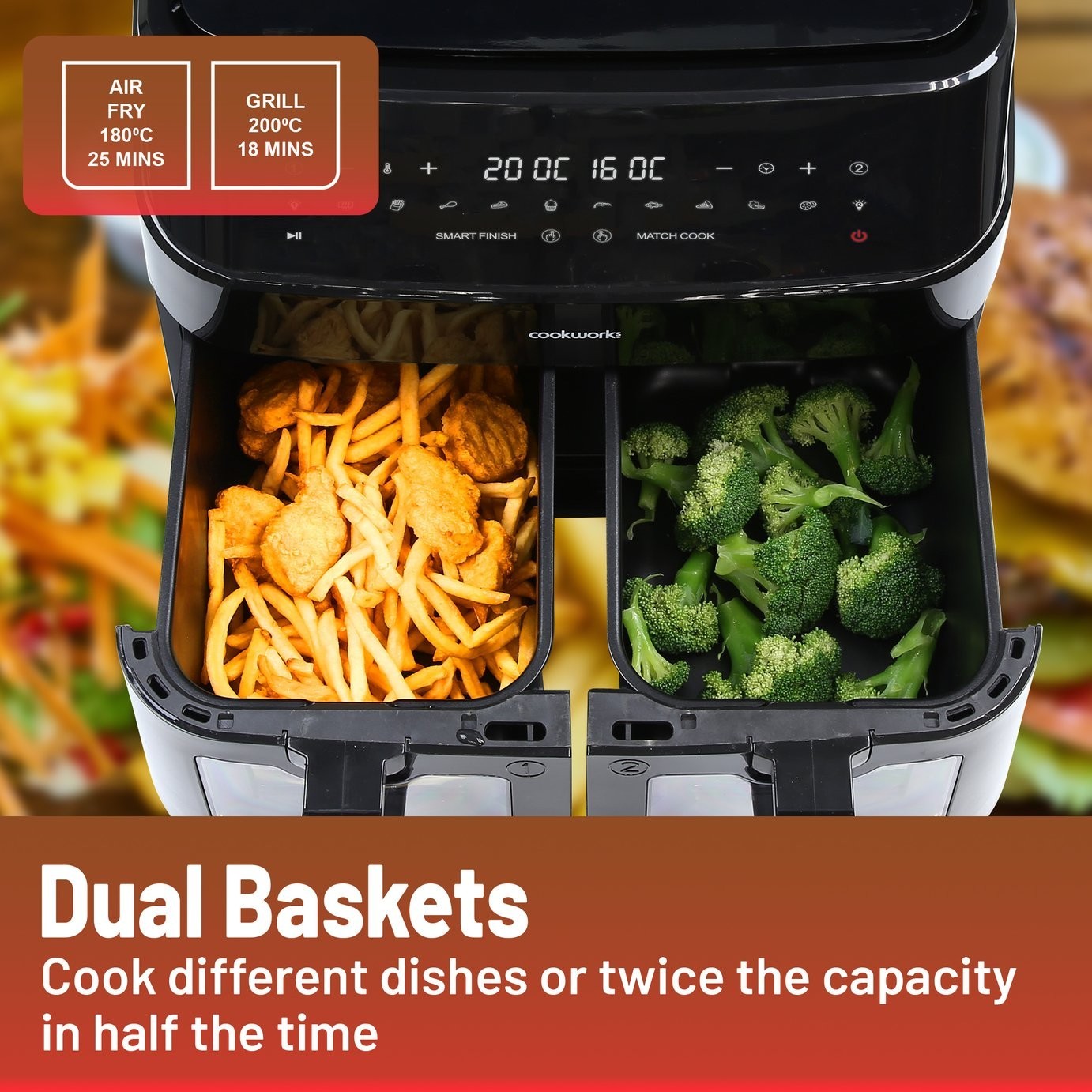 Cookworks 9L 2600W Dual Air Fryer KDF5577DTW Oil Free Healthy Style - Black