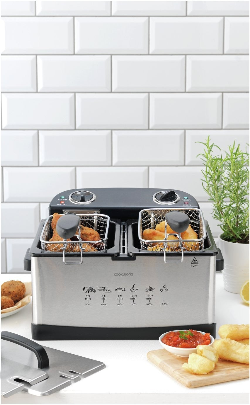 Cookworks Stainless Steel Twin Professional Deep Fat Fryer - 5L Dual Basket 2400