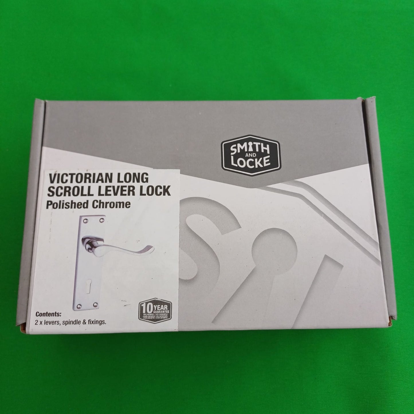 Chrome door handles - never used Victorian long scroll lever lock boxed
