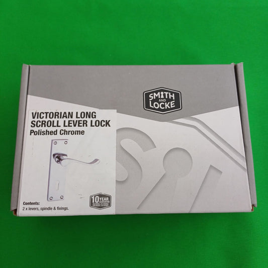 Chrome door handles - never used Victorian long scroll lever lock boxed