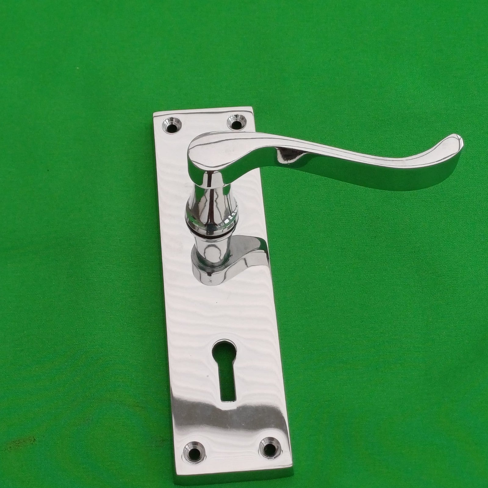 Chrome door handles - never used Victorian long scroll lever lock boxed
