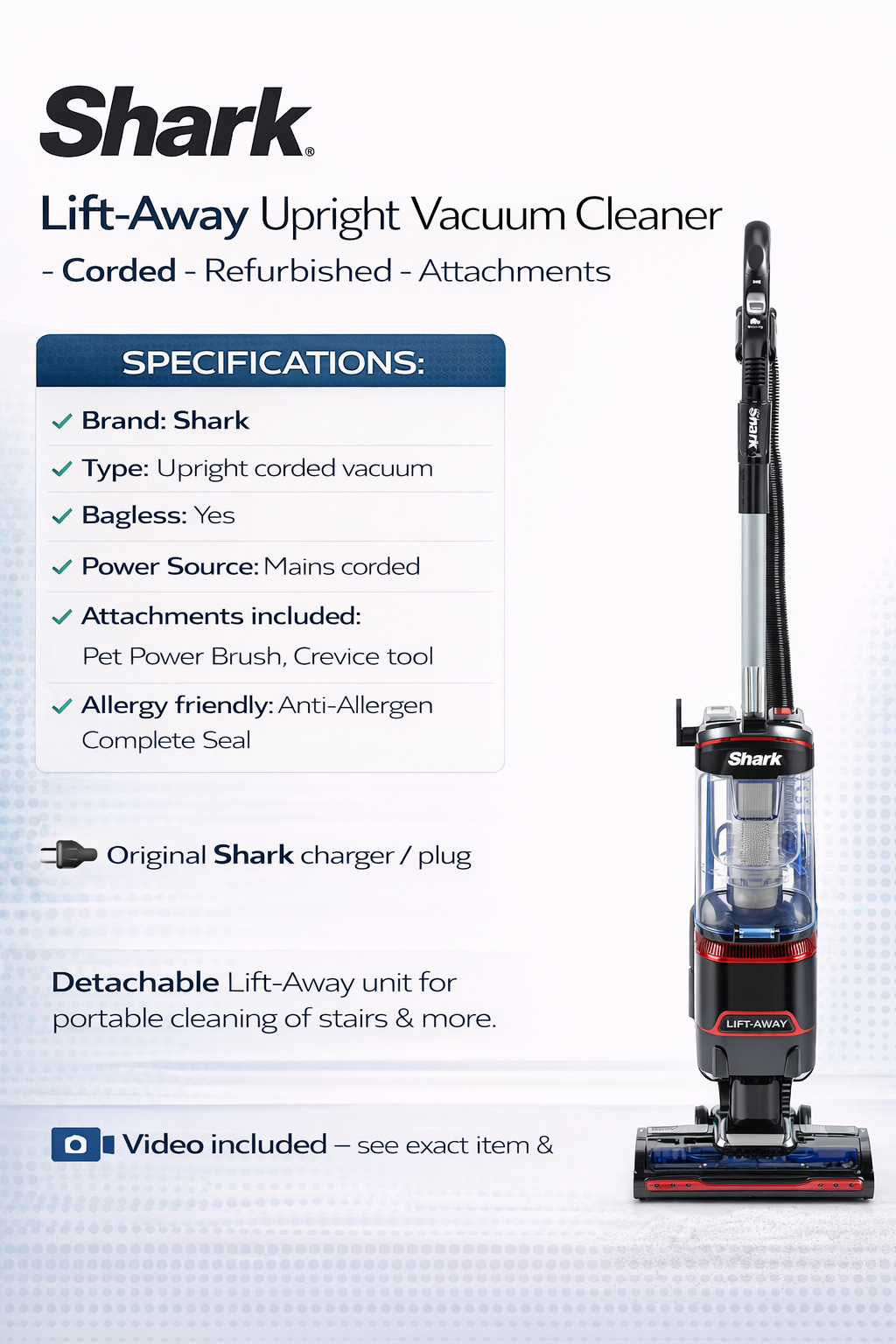 Shark Classic Lift-Away Pet Corded Upright Vacuum Cleaner Powerful