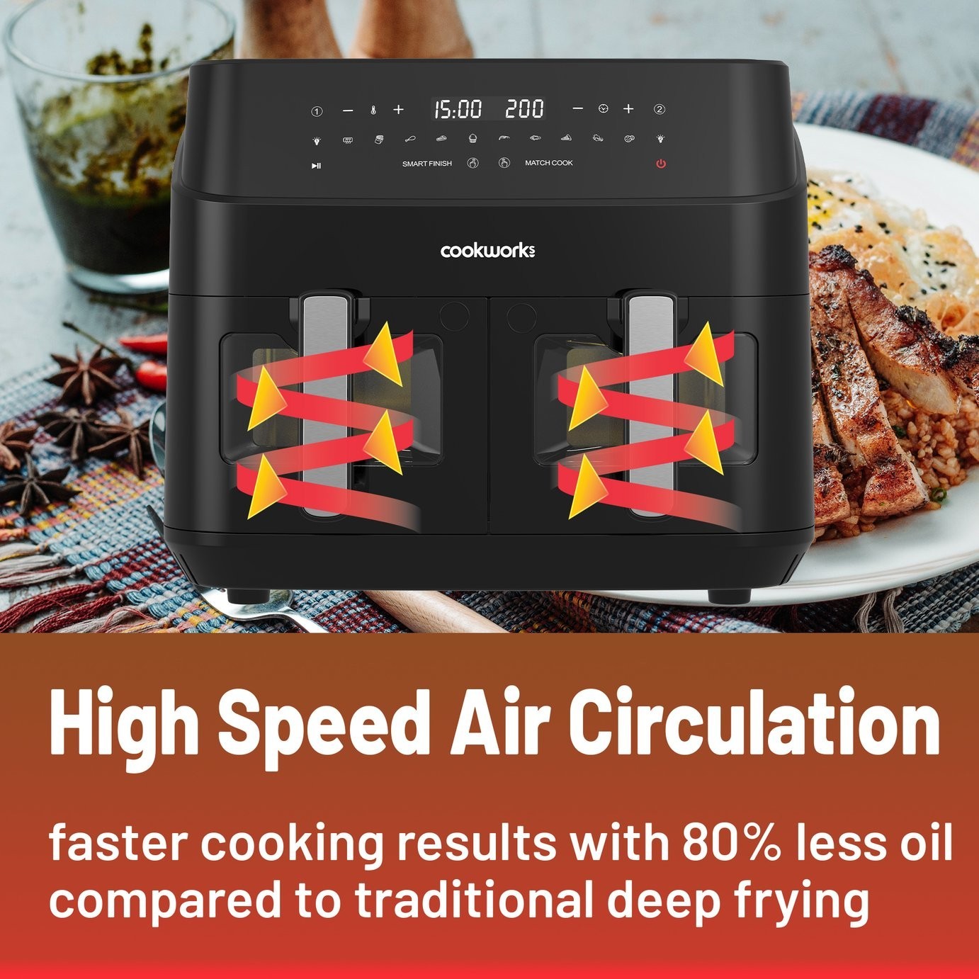 Cookworks 9L 2600W Dual Air Fryer KDF5577DTW Oil Free Healthy Style - Black